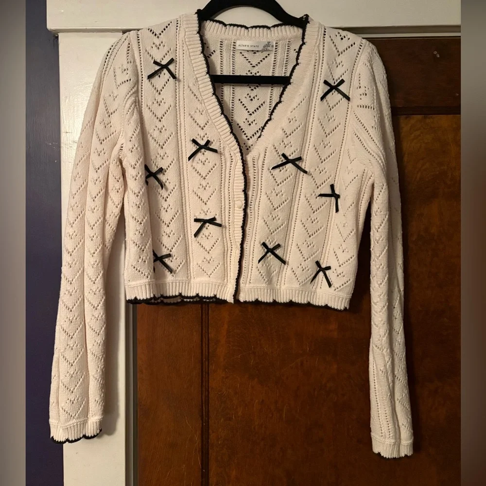 Altar'd State Cece Delicate Bow Cardigan in Ivory and Black Girly Cotton Blend - Picture 4 of 8